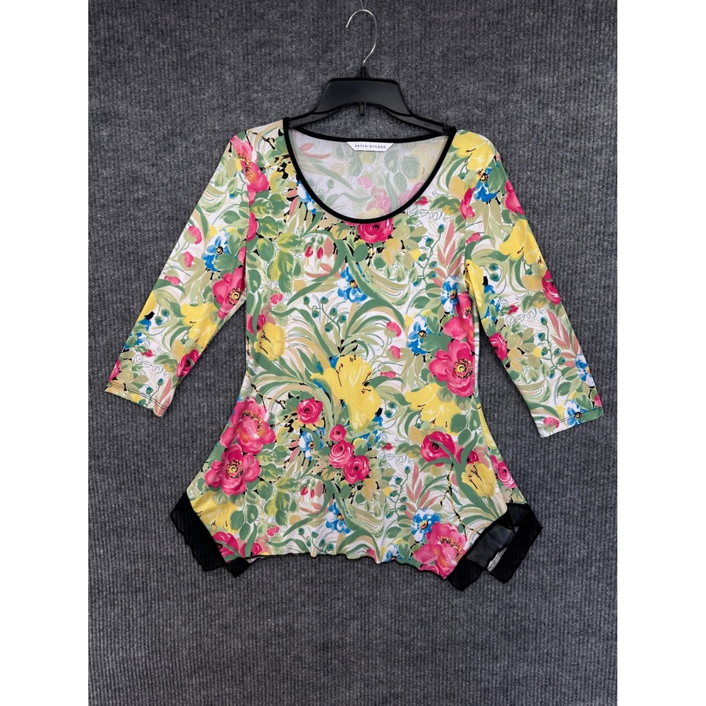 Peter Nygard Tunic Top Women Small Multi Floral Excellent Sharkbite Mesh Trim
